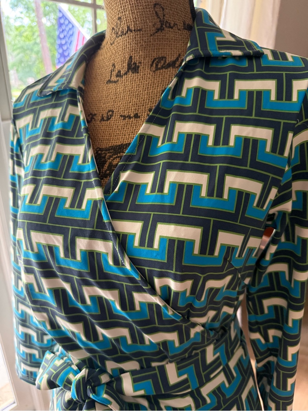 Elizabeth McKay Teal Navy & White Geometric Wrap Dress
